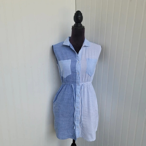 Japna Women's Dress Blue White Striped Sleeveless Elast Waist Shirt Button Sz XS - Picture 1 of 13